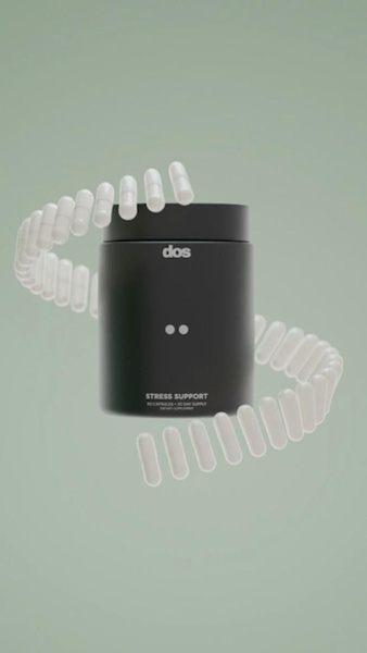 A 9:16 motion graphic creative featuring a Dos stress support supplement jar surrounded by a floating, orbiting spiral of white capsules against a soft sage background.
